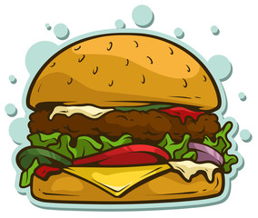 Cartoon tasty big hamburger vector sticker icon
