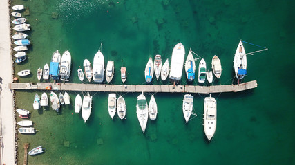 Aerial drone bird's eye view photo of picturesque port of Aigina island, Saronic Gulf, Greece