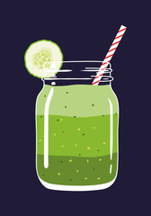 Green layered smoothie in mason jar with cucumber slice and swirled straw isolated on background. Fresh natural healthy green vegetable drink. Vector hand drawn illustration eps10.