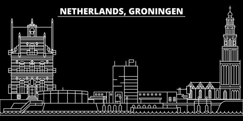 Groningen silhouette skyline. Netherlands - Groningen vector city, dutch linear architecture, buildings. Groningen line travel illustration, landmarks. Netherlands flat icon, dutch outline design - obrazy, fototapety, plakaty