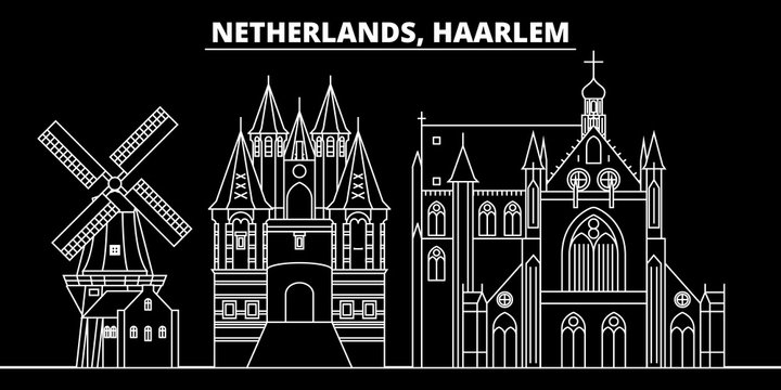 Haarlem silhouette skyline. Netherlands - Haarlem vector city, dutch linear architecture, buildings. Haarlem line travel illustration, landmarks. Netherlands flat icon, dutch outline design banner