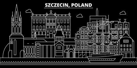 Szczecin silhouette skyline. Poland - Szczecin vector city, polish linear architecture, buildings. Szczecin line travel illustration, landmarks. Poland flat icon, polish outline design banner - obrazy, fototapety, plakaty