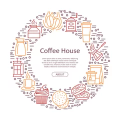 Fototapeten Vector tea and coffee linear icons in circle shape with place for text illustration © sanumko