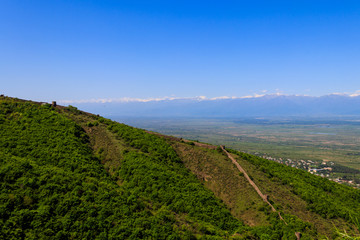 View on Alazani valley and old city wall from with towers round a city Sighnaghi, Kakheti, Georgia