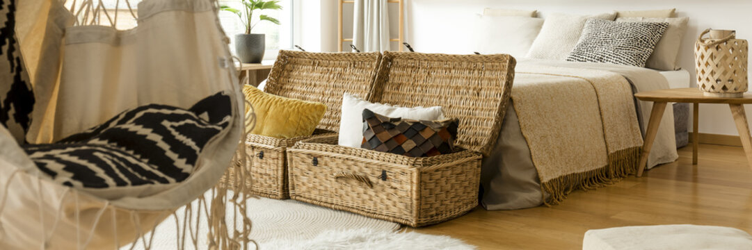 Pillows In Straw Baskets