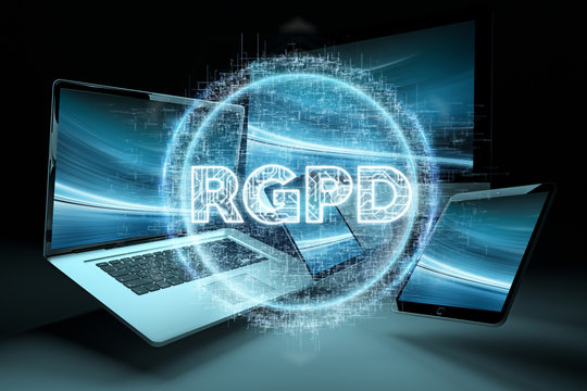 Digital GDPR interface over tech devices 3D rendering