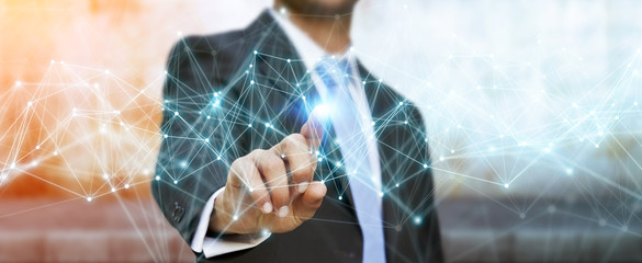 Businessman using flying network connection 3D rendering