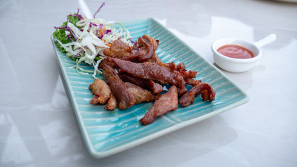 Close up fried pork or sun-dried pork.