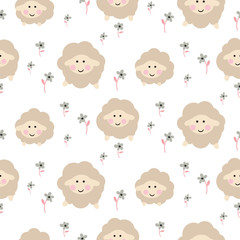 Cute sheep animal seamless vector baby pattern.