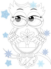 Coloring book for adult and older children. Coloring page with cute owl and floral frame. Outline drawing in zentangle style