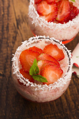 A serving of strawberry over tapioca and jelly