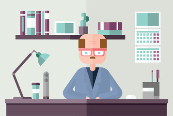 Bald accountant behind the desk in office environment. Flat vector illustration.