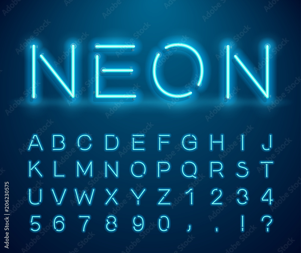 Poster set of letters in neon style. vector font with light effect. set of letters, numbers, text and font.