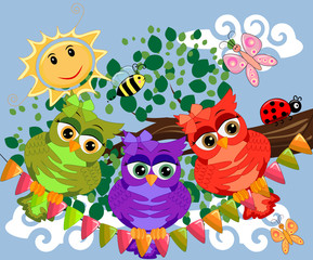 Three cute colorful cartoon owls sitting on tree branch with flowers.