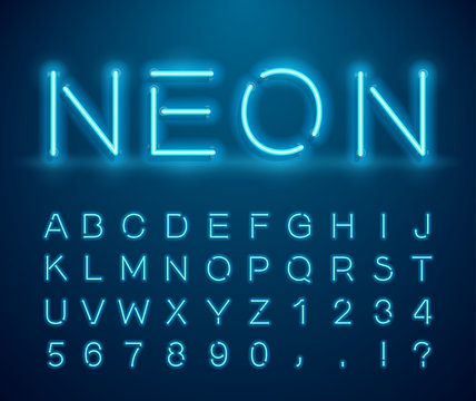 Set of letters in neon style. Vector font with light effect. Set of letters, numbers, text and font. Glow effect. Signboard Design.