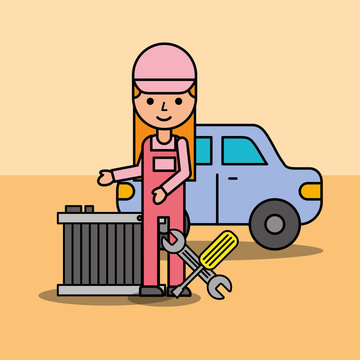 mechanic girl with radiator and tools car service vector illustration