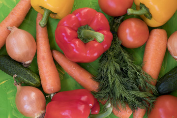 Set of various colorful fresh raw vegetables on a colored background
