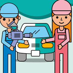 mechanic girl and boy with painting airbrush car service vector illustration