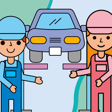 mechanic girl and boy car service maintenance vector illustration