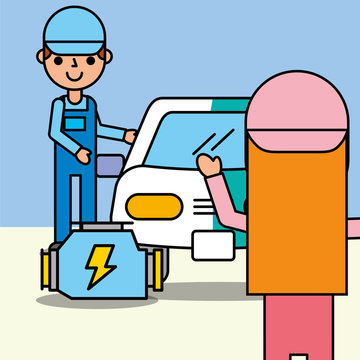 mechanic girl and boy painting vehicle car service vector illustration
