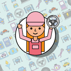 mechanic girl holding steering wheel car service vector illustration