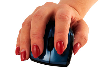 Female hand holding a wireless computer mouse (manipulator), isolated image on a white background.