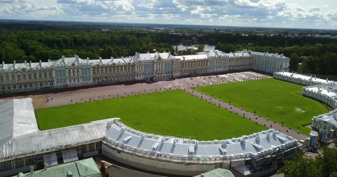 View with top from the drone on Katherine's Palace hall in Tsarskoe Selo Pushkin, Russia