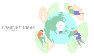 People meeting business concept creative idea. Man flying planet Earth save ecology leaf gadgets tablet light bulb lamp symbol working project growth. Flat color vector illustration