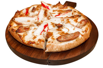 Fast food Italian traditional.Hot chicken sausage pizza with cheese, imitation crab stick on wooden board table classic in top view.Closed up.Copy space on white background.