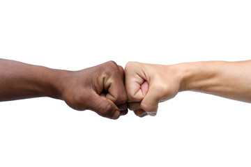 Man giving fist bump isolated on white background with clipping path.