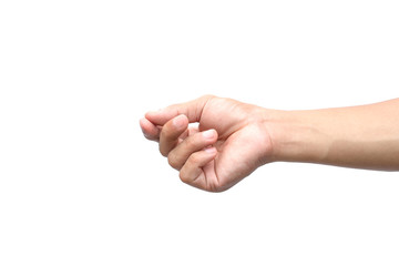 Male hand holding a virtual card with fingers on white background. clipping path