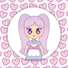 kawaii anime girl over white circle and hearts background, colorful design. vector illustration