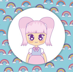kawaii anime girl over white circle and rainbows background, colorful design. vector illustration