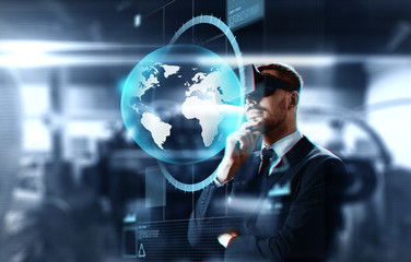 business, augmented reality and future technology concept - businessman in virtual headset with earth hologram over abstract background