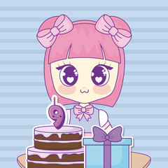 happy birthdaydesign with kawaii anime girl with related icons over blue background, vector illustration