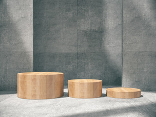 Wooden pedestal for display,Platform for design,Blank product stand with concrete empty room.3D rendering.