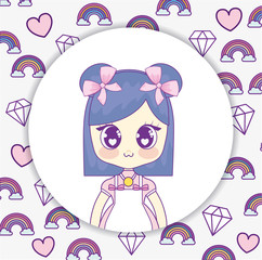kawaii anime girl over white circle and rainbow and hearts background, colorful design. vector illustration