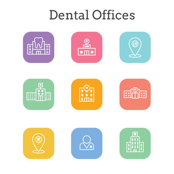 Dentist location icon set - dental images, dental building with windows
