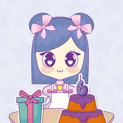 happy birthday design with anime girl with birthday cake and gift box over gray background, colorful design. vector illustration