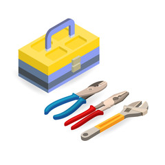Toolbox, wrench, pliers. Isometric construction tools.