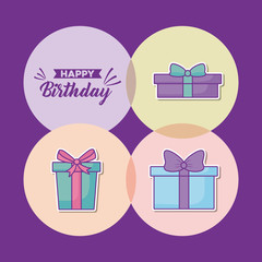 icon set of birthday cakes over colorful circles and purple background, vector illustration