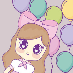 Kawaii anime girl over colorful balloons and gray background, vector illustration