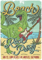 Surfing theme t-shirt or poster design with tyrannosaurus playing on electric guitar