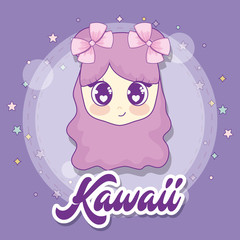 kawaii anime girl head over purple background, colorful design. vector illustration