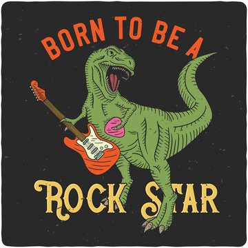 Surfing theme t-shirt or poster design with tyrannosaurus playing on electric guitar