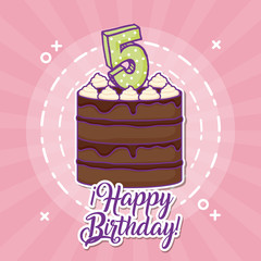 happy birthday design with birthday cake with number candle over pink background, colorful design. vector illustration
