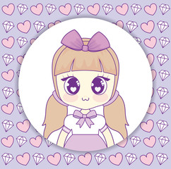 kawaii anime girl over white circle and hearts and diamonds background, colorful design. vector illustration