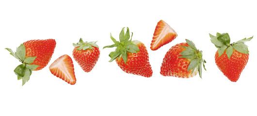 set collection fresh organic strawberry with leaves and cut in half isolated on white background