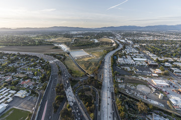 Aerial view of the Ventura 101 and San Diego 405 Freeways at the Sepulveda Basin in the San Fernando Valley area of Los Angeles, California.  