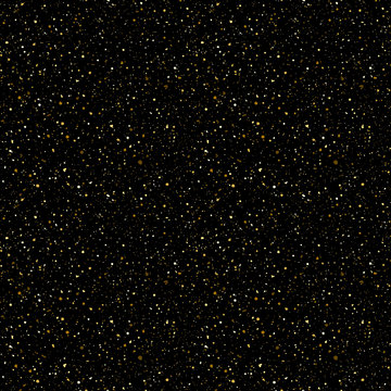 Tiny gold glittering spangles, sparks, splatter or night sky with golden stars vector seamless pattern. Hand drawn spray, splash, specks texture. Uneven dots on black background endless template.